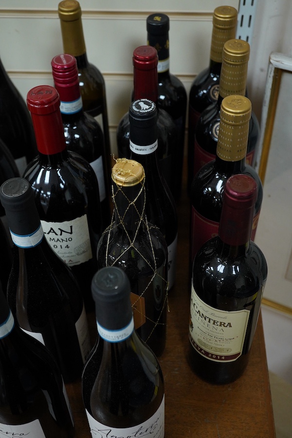 Twenty two bottles of mixed mostly Spanish and Italian wine to include Lan A Mano Rioja 2014, Casillero Del Diablo and Chianti Riserva 2019. Condition - fair to good, storage history unknown